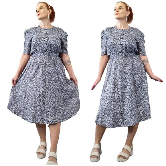 VTG 80s USA Blue White Floral Belted Secretary Midi Dress Size 10/ Medium - Picture 14 of 16